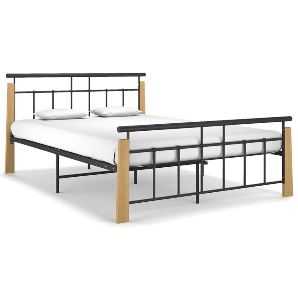 vidaXL Solid Oak Wood Bed Frame Metal 140x200 cm Bedroom Furniture Bedstead