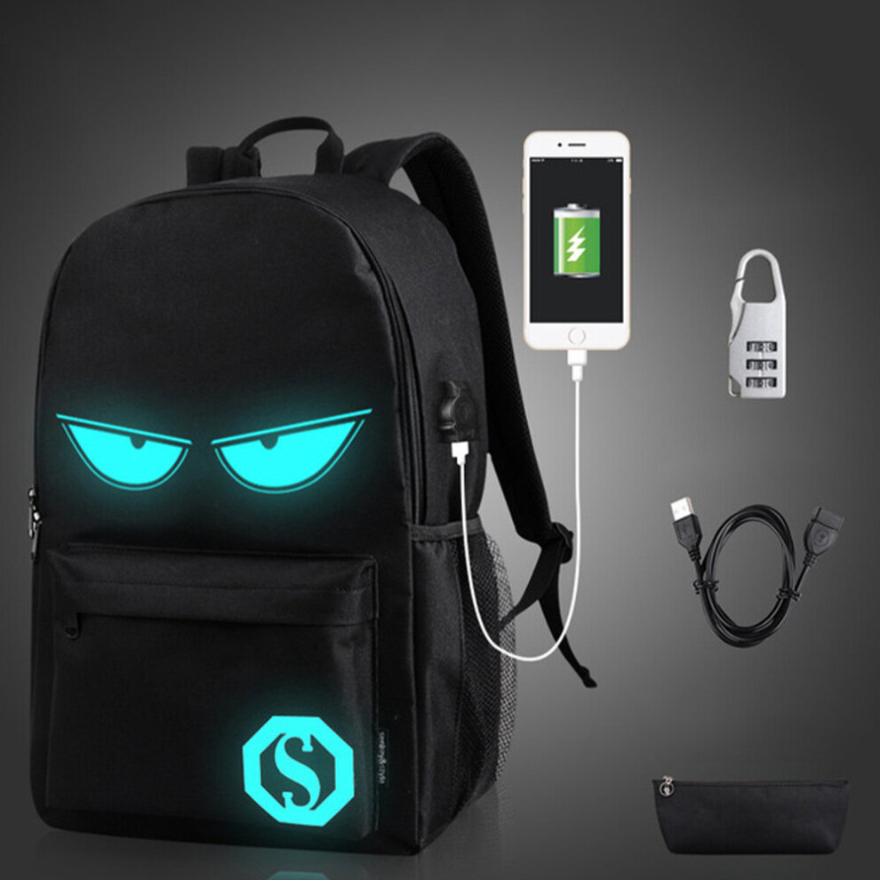 (Black Devil Set With USB, L) Luminous USB Charger Student Backpack Casual Laptop School Bag Anti-Theft Lock