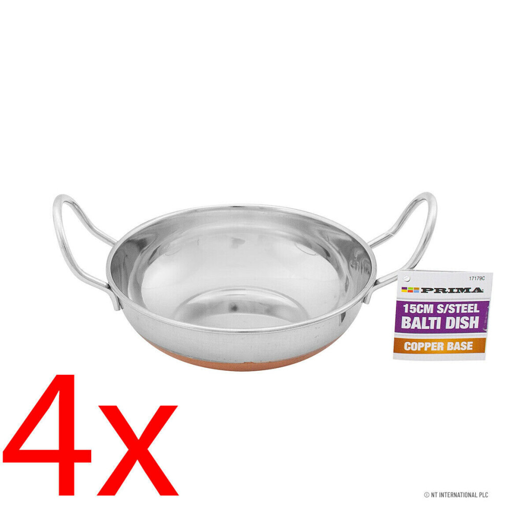 4PC 15CM BALTI DISH KARAHI METAL SERVING STAINLESS STEEL COPPER BASE