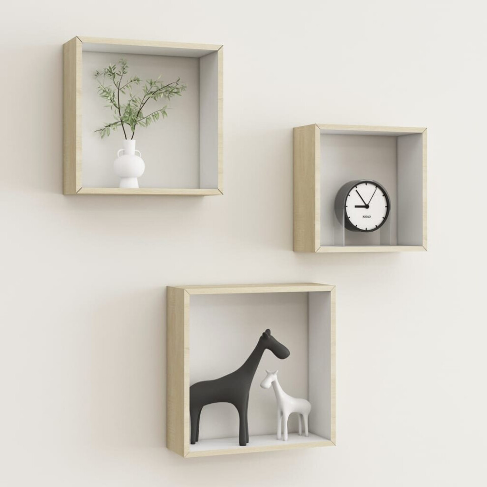 Vidaxl 3X Wall Cube Shelves And Sonoma Oak Bookcase Storage Furniture White
