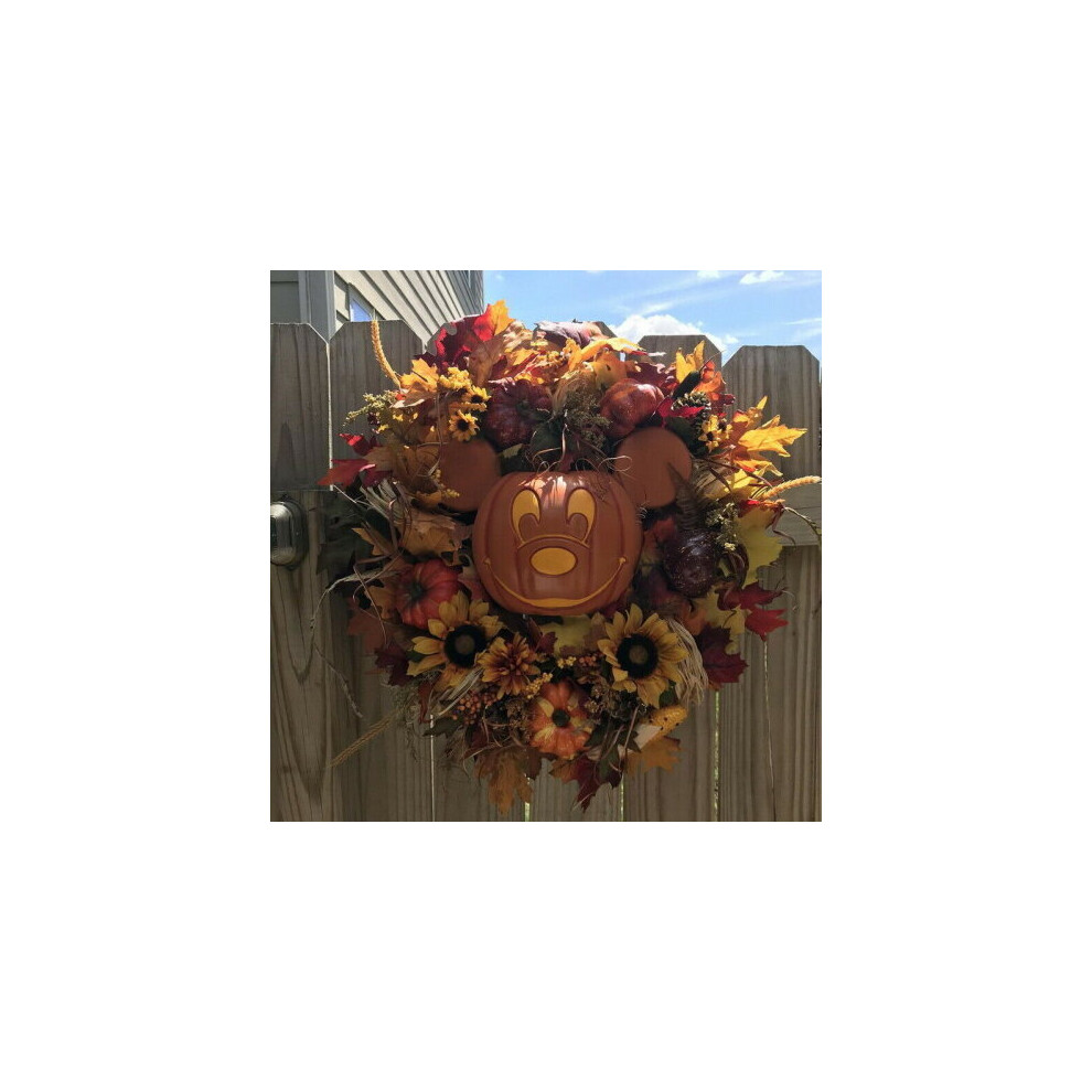 Skyone Mickey Mouse Halloween Wreath - Orange Pumpkin Skeleton Door Hanging Decor