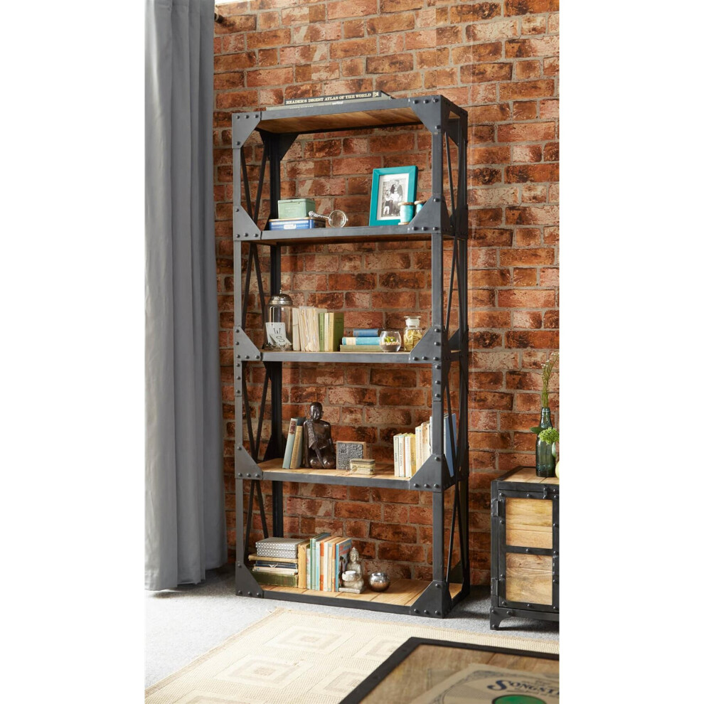 Industrial 5 Shelves Open Bookcase Display Unit Distressed Wood Rustic Finish