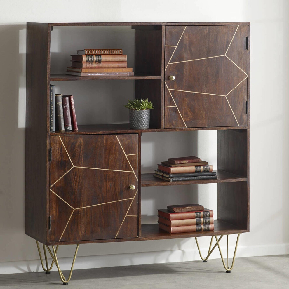 Wooden Dark Walnut 2 Door Bookcase Display Cabinet 4 Open Shelves Gold Inlays