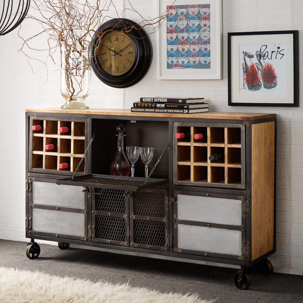 Industrial Distressed Wine Cabinet Sideboard Black Metal Frame 24 Bottle Rack