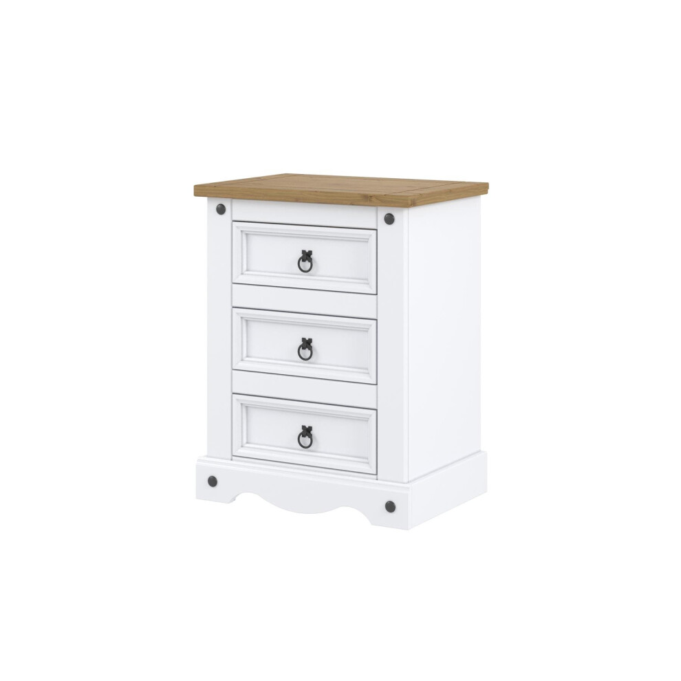 Corona White 3 Drawer Bedside Cabinet Lamp Side Table Solid Pine Brass Handles