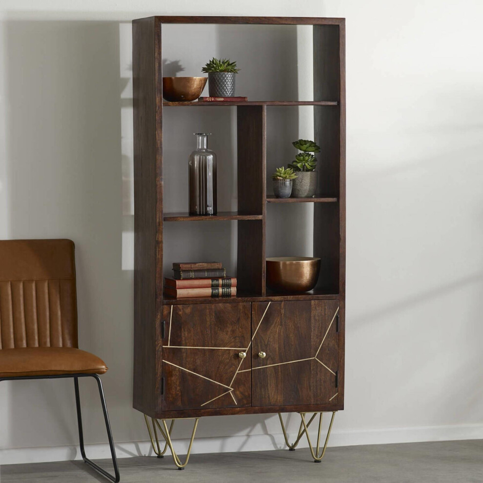 Solid Wood Dark Walnut 2 Door Bookcase Storage 5 Open Shelves Gold Metal Inlays