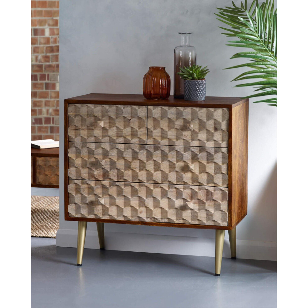 Mango Wood 2+2 Drawer Chest Clothes Storage Two Tone CNC Cut-Outs and Gold Legs