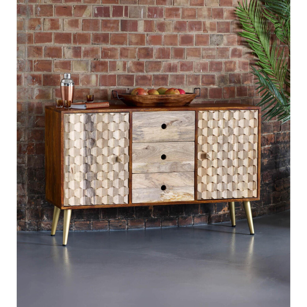 Mango Wood Large 3 Drawer Two Tone Sideboard 3 Door Storage with CNC Cut-Outs