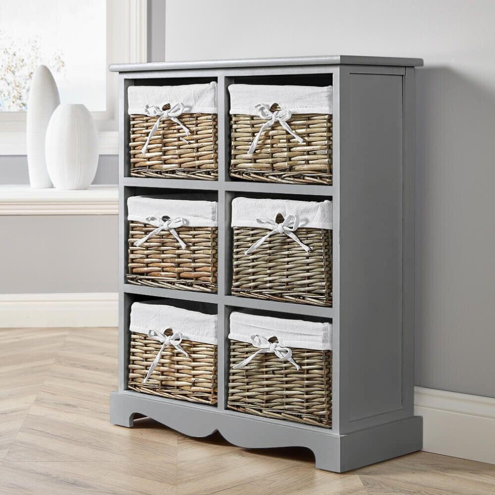 Wooden 6 Drawer Storage Chest Water Hyacinth Basket Fully Assembled