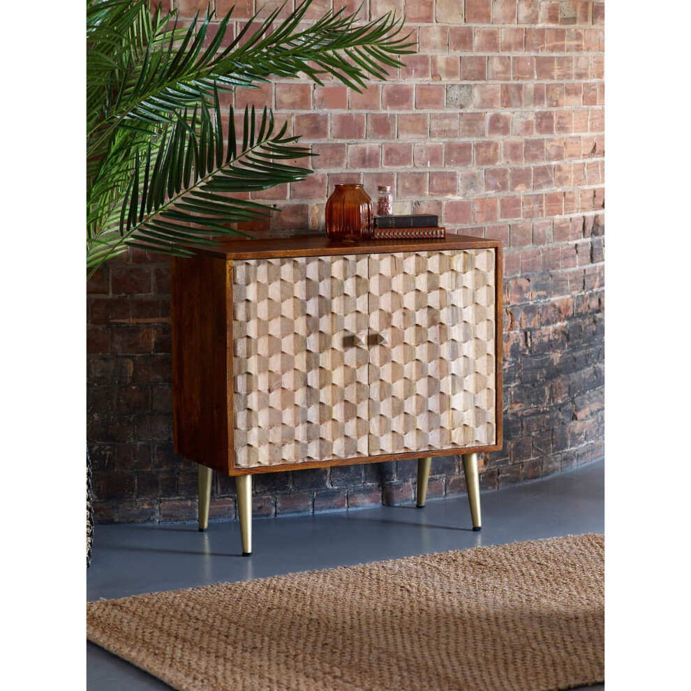 Mango Wood Medium 2 Door Two Tone Sideboard Cupboard Storage with CNC Cut-Outs