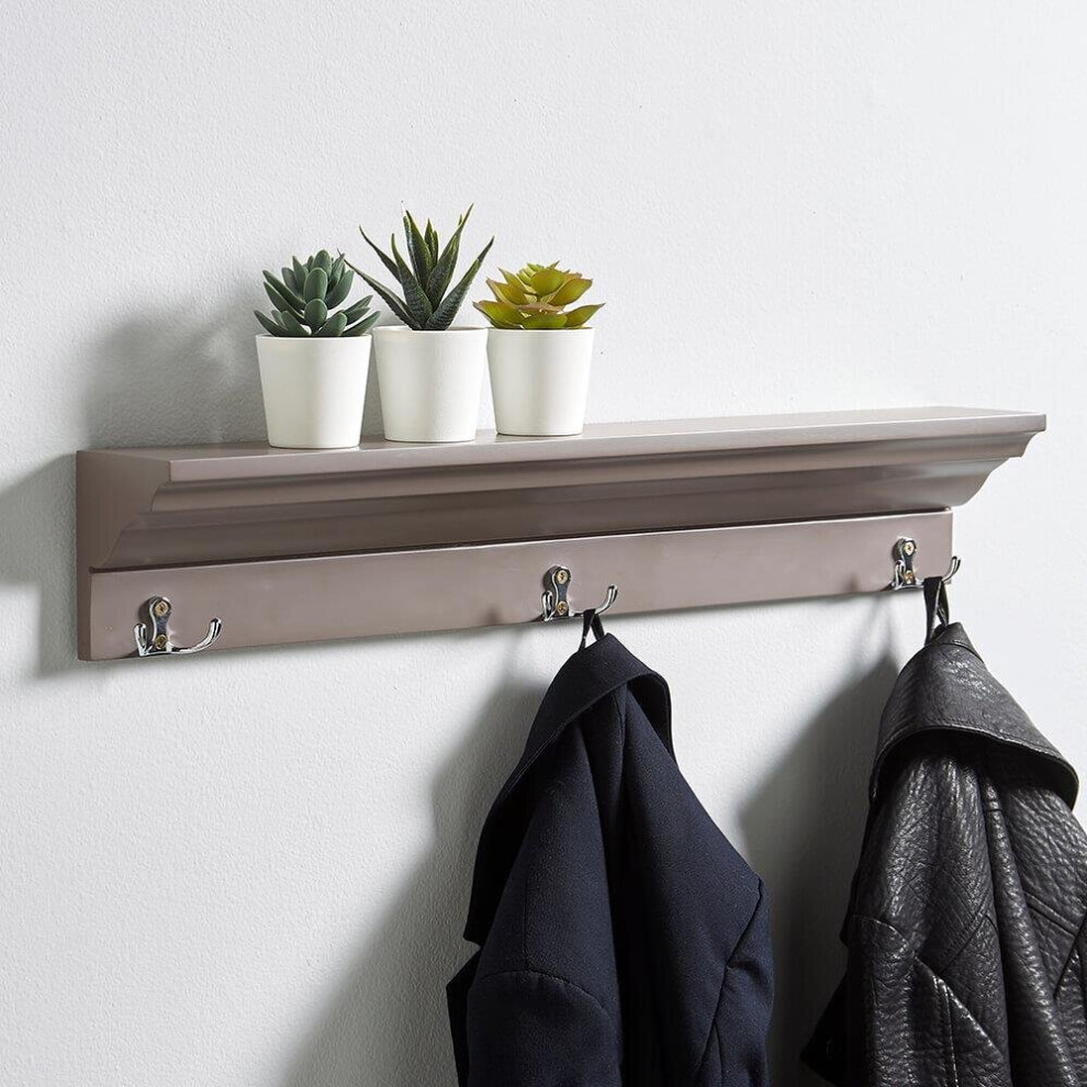 Grey Wooden Wall Mounted Coat Rack 3 Hooks Hallway Hanging Storage Shelf