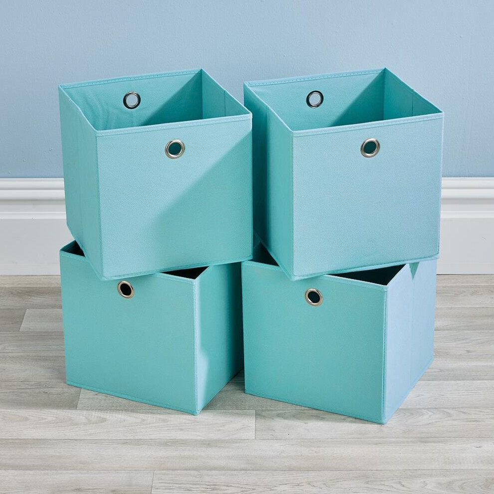 Folding Aqua Blue Square Storage Utility Box 4 Piece Fabric Cube Set Basket Bag