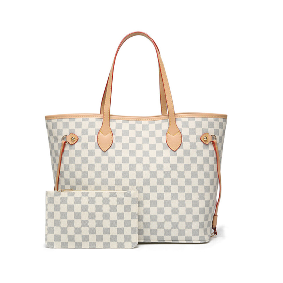 (White) Women Checkered Tote Shoulder Bag Purse PU Leather Handbag Bag With Inner Pouch