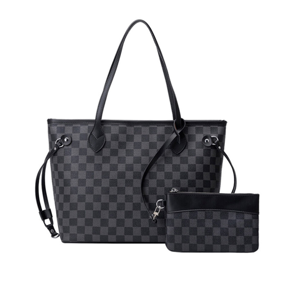 (Black) Women Checkered Tote Shoulder Bag Purse PU Leather Handbag Bag With Inner Pouch