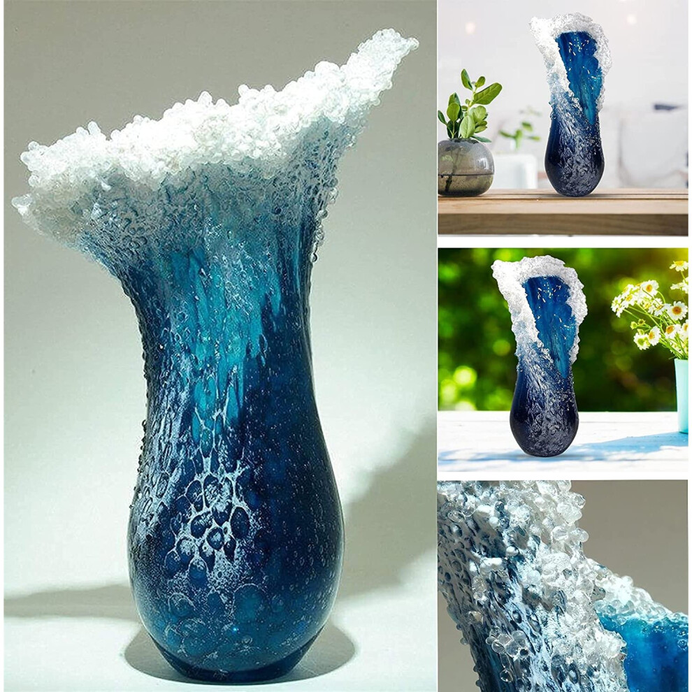 Wavy Vase - Ocean Wave Fused Glass Resin Vase, Creactive Resin Desktop Blue Flower Pot Handmade Crafts for Home Coffee Shop