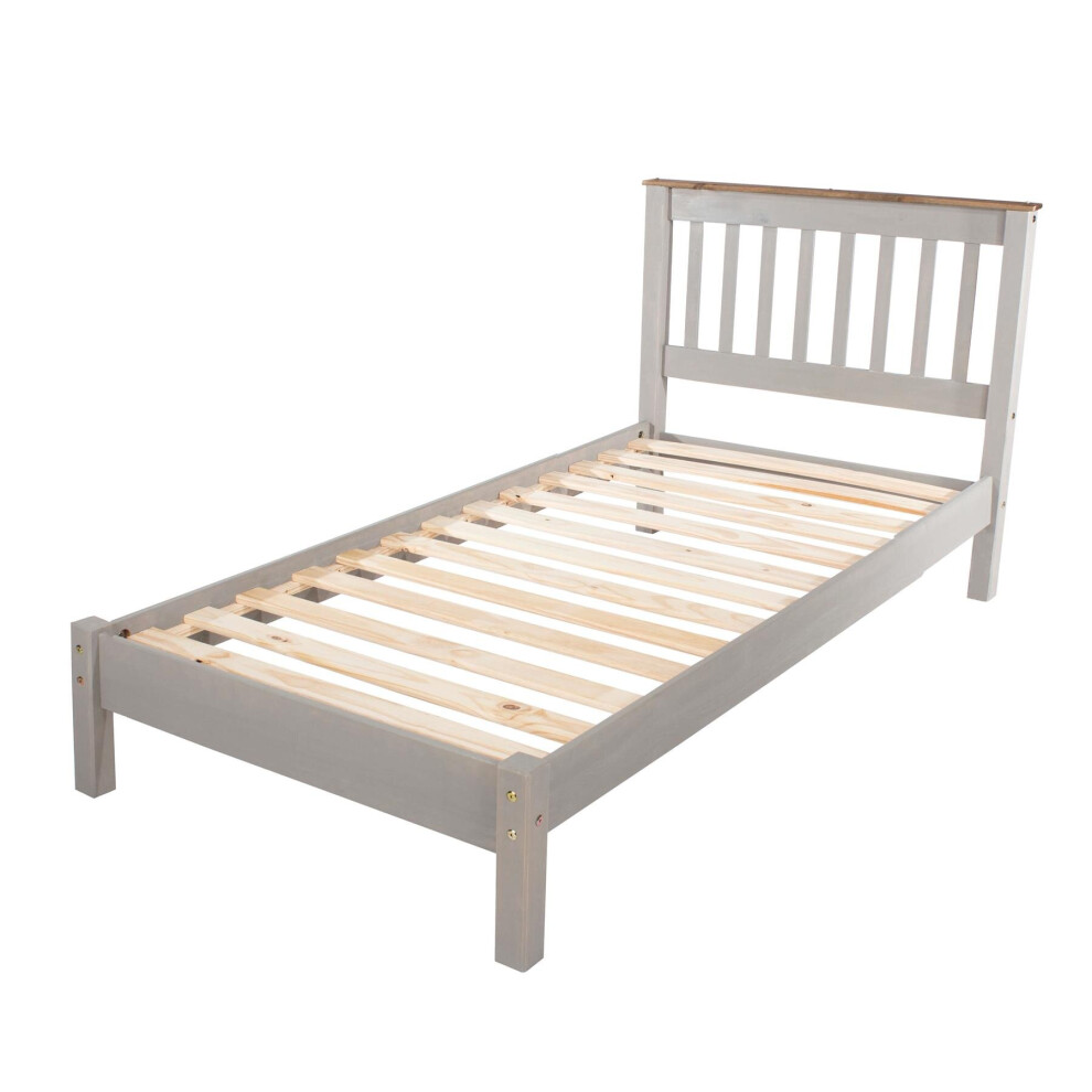 Single Grey Washed 3' Slatted Low End Solid Pine Bedstead Bed Frame With Slats