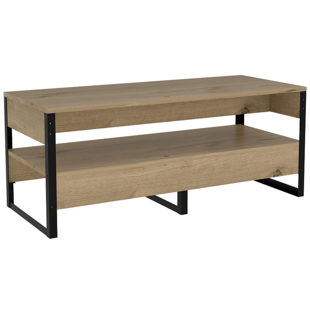 Bleached Pine Rectangular Coffee Table with Wide Shelf Storage Black Metal Frame