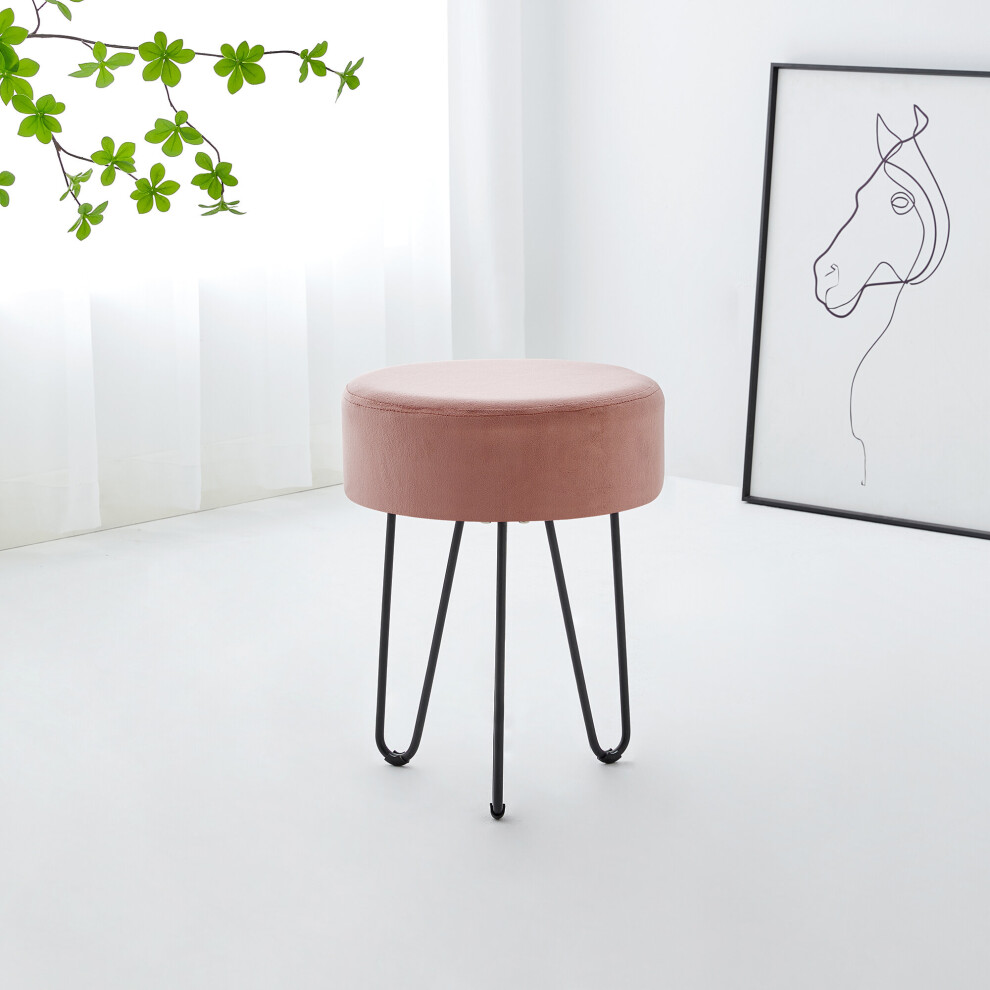 (Pink, BLACK ) Round Velvet Stool Modern Footstool Ottoman Living Room Bedroom Home Decor Dressing Table Decorative Seating