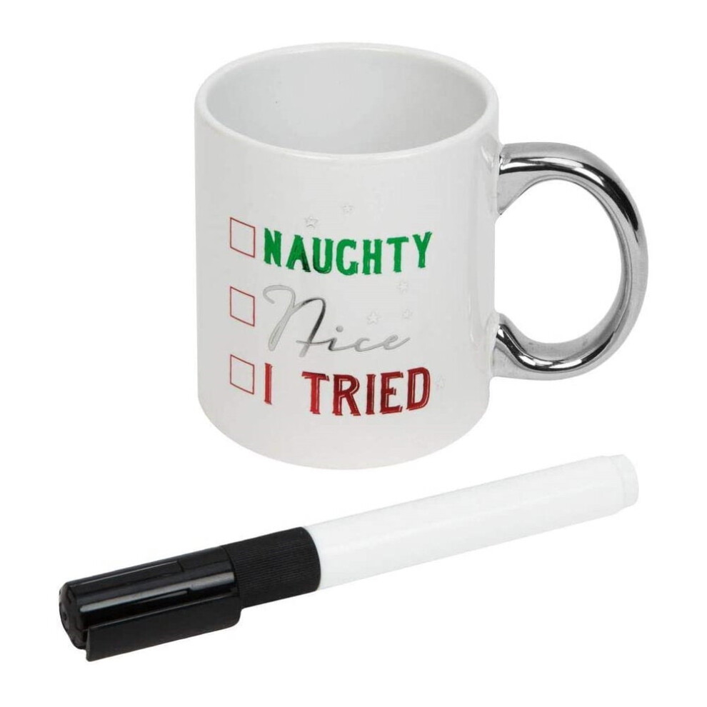 Widdop And Co. Widdop Naughty Nice I Tried Personalisable Mug With Pen Novelty Christmas Gift Red/Green/Silver