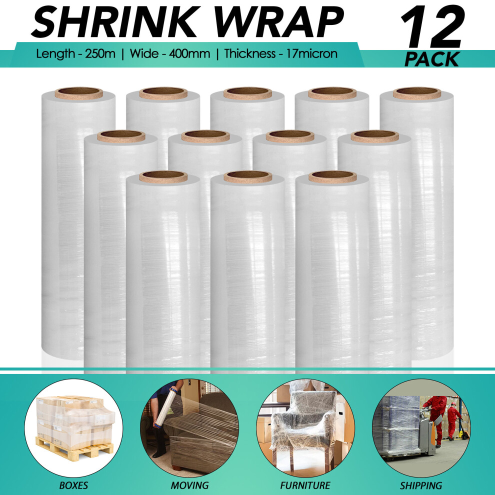 12x Pack Heavy Duty Strong Pallet/Stretch/Shrink Wrap Packaging Cling Film 17mu - 400mm x 250m