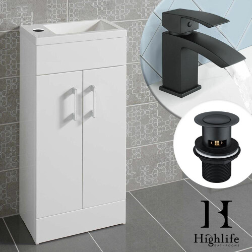 White Lomond 400mm Vanity Unit With Black Basin Tap & Waste Set