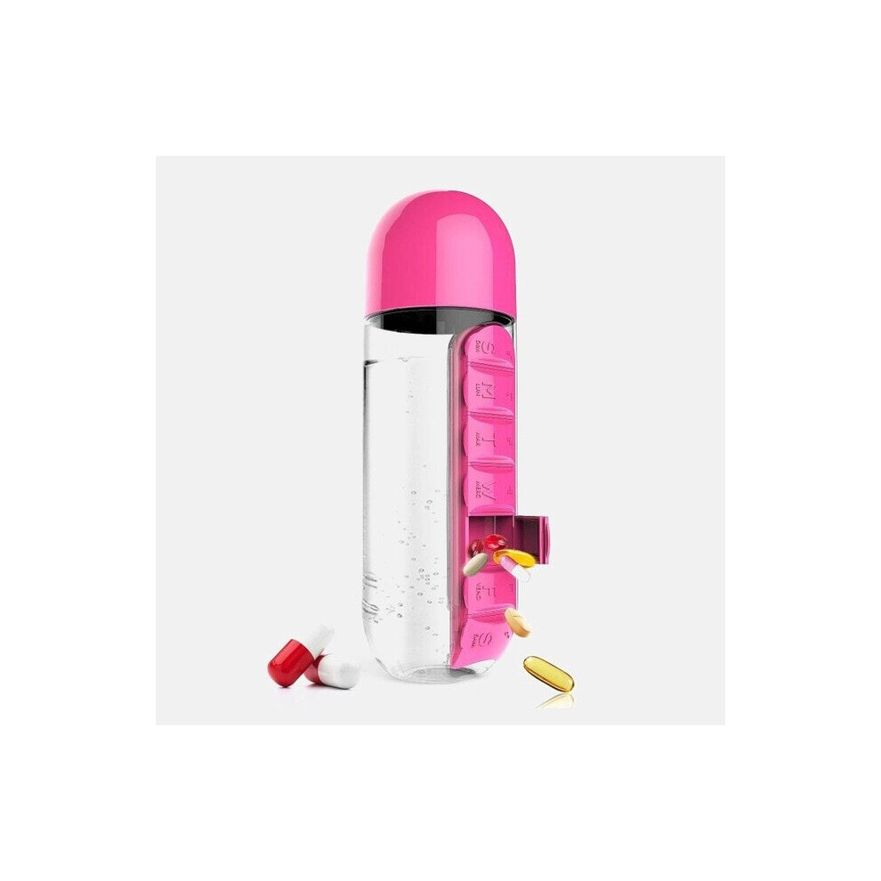 (Rose) 600Ml Water Bottle with Pillbox Plastic Drink Bottle with Medicine Pills Box Travel 7 Days Drug Organizer Drinking Container
