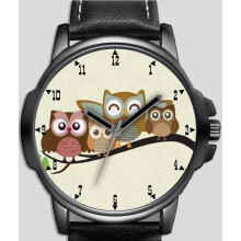 Owls On The Tree Novelty Art Wrist Watch - Unisex, Faux Leather Strap, Black Bezel, 4.2cm Dial, Miyota Quartz