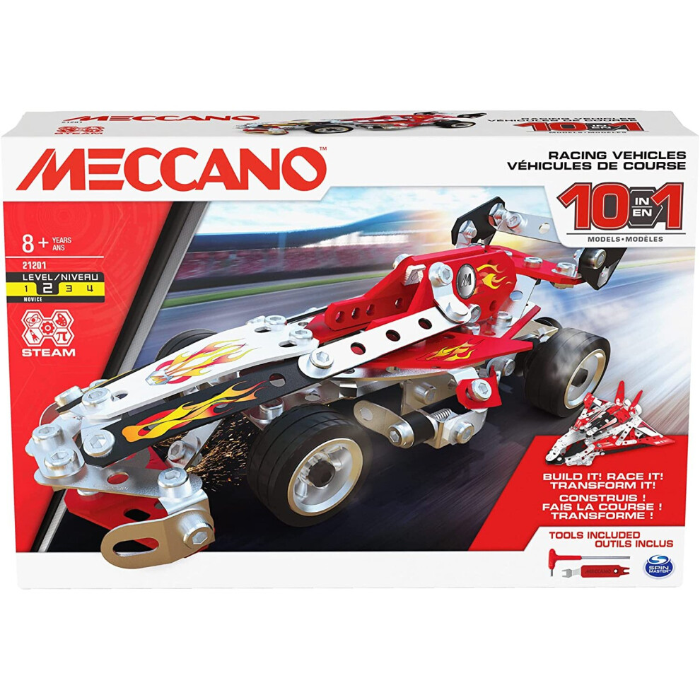 Meccano 10-In-1 Racing Vehicles Set - 225 Parts, 2 Tools, Build 10 Cars, Planes & Boats