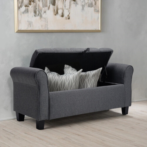 Living And Home (Dark Grey) Linen Bed End Bench Ottoman Storage Blankets Box Stool with Armrest 1