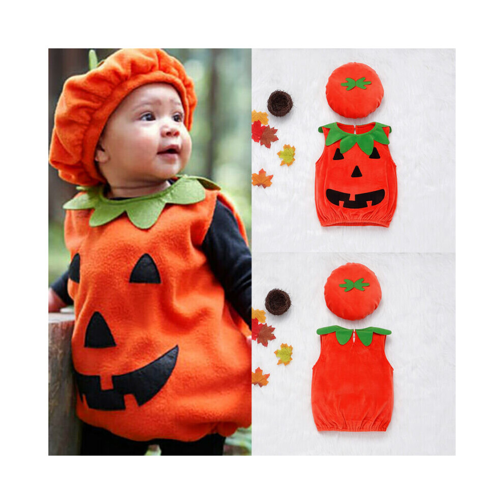 (#2-Vest Top + Hat, 100cm) Toddler Baby Boys Girls Halloween Pumpkin Cosplay Costume Tops Hat Outfits Set