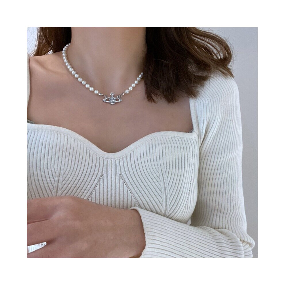 (Silver) Vivienne Westwood Necklace Mini Bas Relief Pearl