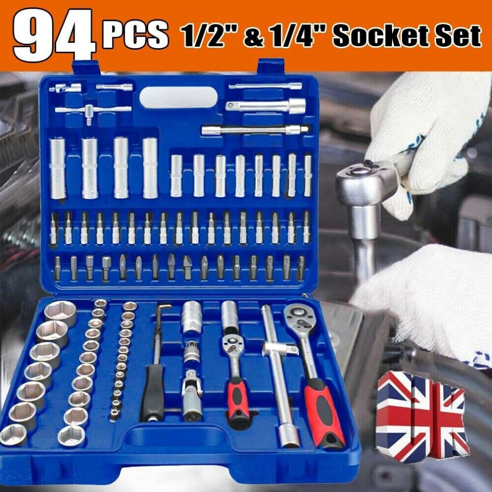 94Pc 1/2" 1/4" Socket Set Screwdriver Bit Torx Ratchet With Case Size 1