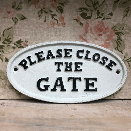 White Cast Iron Please Close The Gate Sign 1
