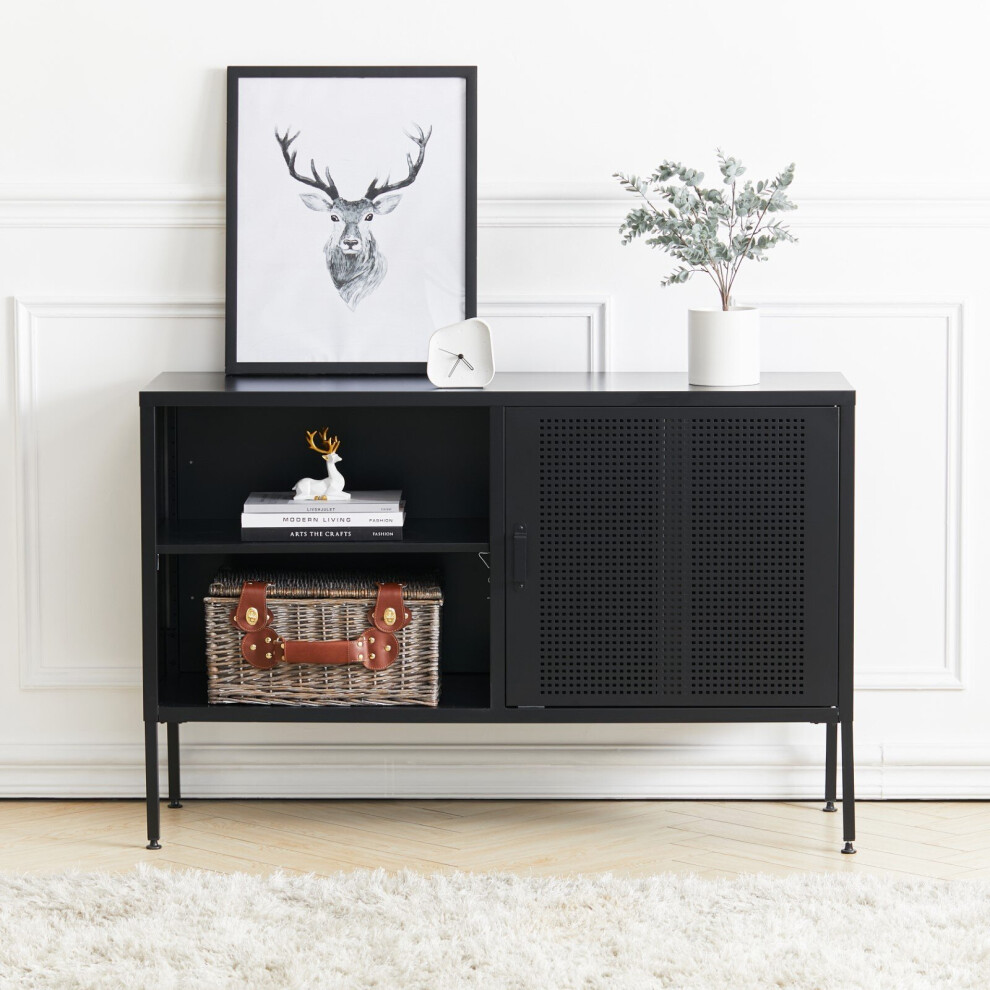 (Black) Industrial TV Stand Cabinet Storage 4 Shelves Metal Sideboard w Door