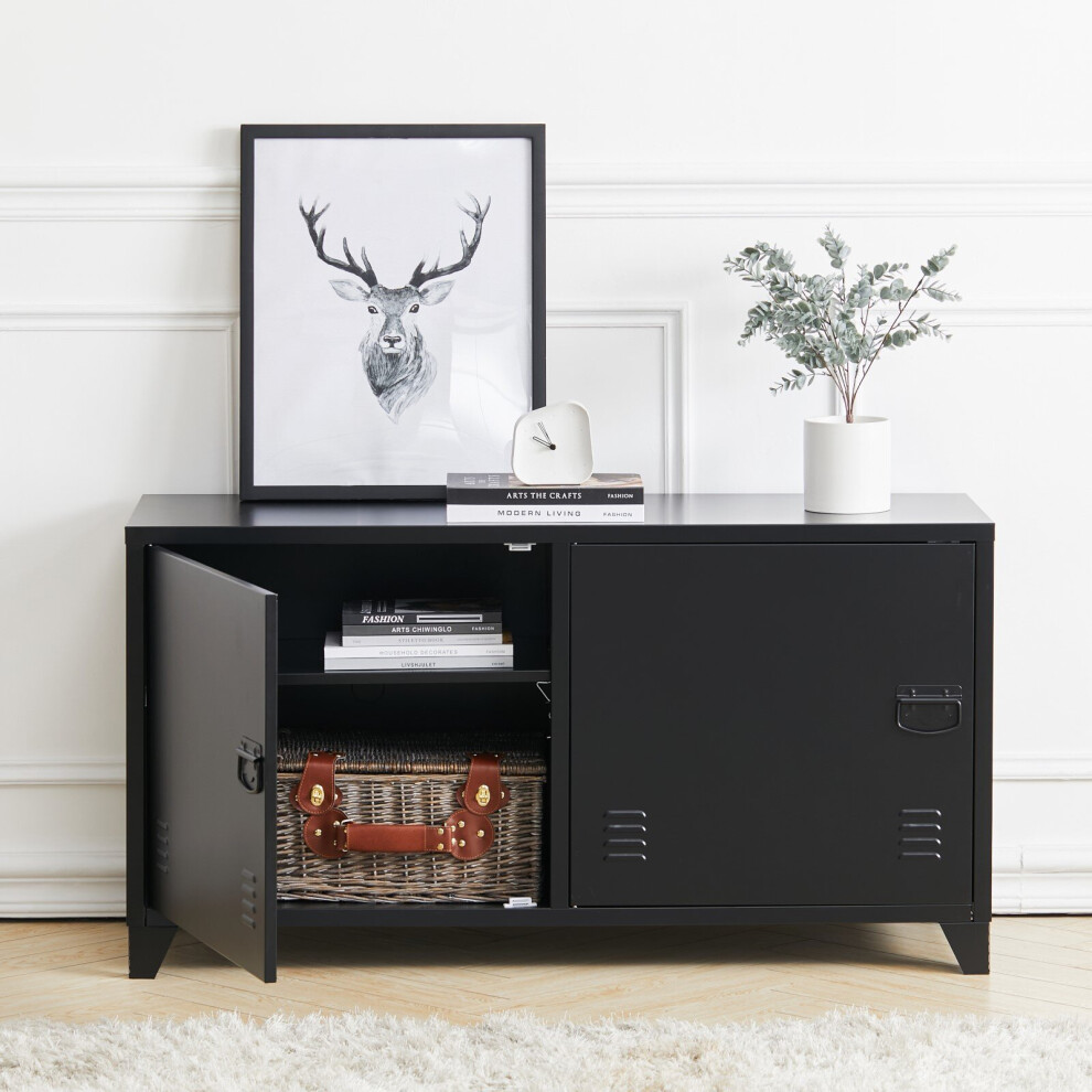 (Black) Metal Storage Sideboard Cabinet TV Stand 2 Door Buffet