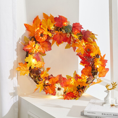 Autumn Leaf Artificial Maple Pumpkin Berry Wreath Rattan Home Decor, Acorn Grape 60CM