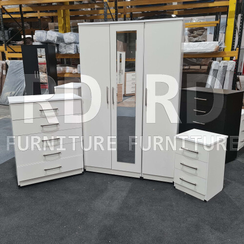 RD Furniture Ready assembled 3 Pcs Classic 3 Door Mirrored Wardrobe, Chest And Bedside Set White 1