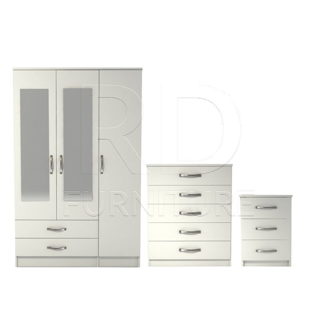 Ready assembled 3 Pcs Classic 3 Door 2 Drawer Mirrored Wardrobe, Chest And Bedside Set White