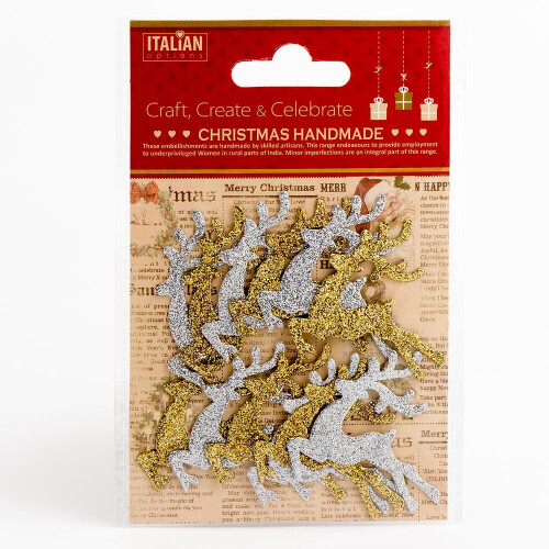 (Silver/Gold Glitter Reindeer - 12 Pack) Handcrafted Christmas Decorations Card Making
