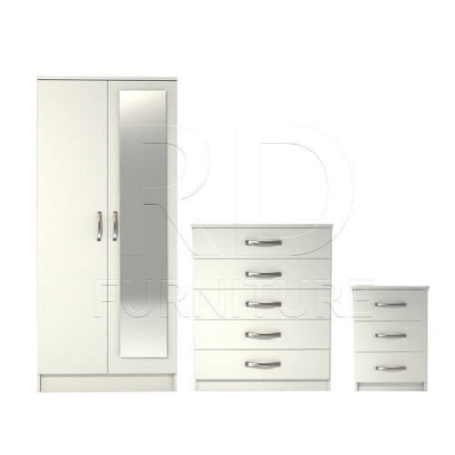 RD Furniture Ready assembled 3 Pcs Classic 2 Door Mirrored Wardrobe, Chest And Bedside Set White 1