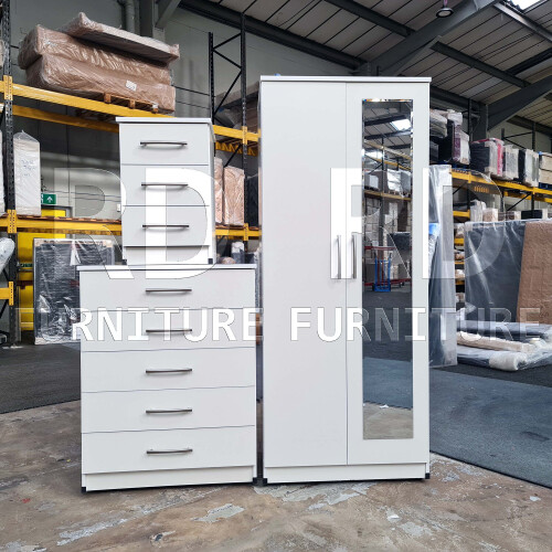 RD Furniture Ready assembled 3 Pcs Classic 2 Door Mirrored Wardrobe, Chest And Bedside Set White 2