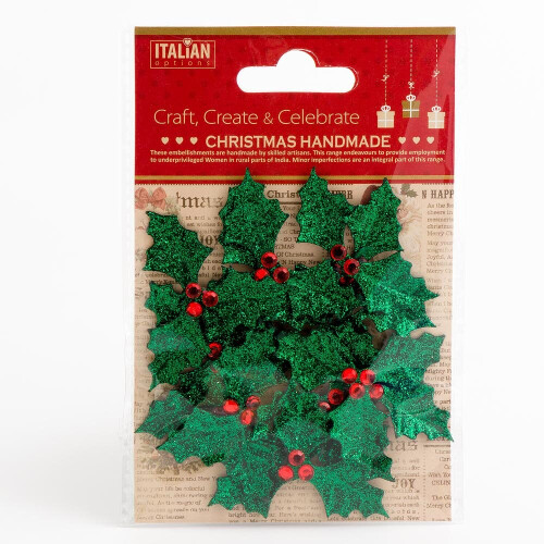 (Glitter Holly and Berries - 12 Pack) Handcrafted Christmas Decorations Card Making
