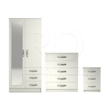Ready assembled 3 Pcs Classic 2 Door Mirrored Combi Wardrobe, Chest And Bedside Set White