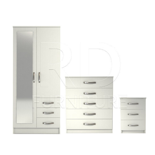 RD Furniture Ready assembled 3 Pcs Classic 2 Door Mirrored Combi Wardrobe, Chest And Bedside Set White