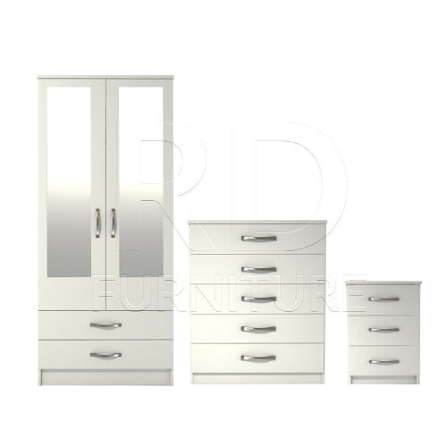 RD Furniture Ready assembled 3 Pcs Classic 2 Door 2 Drawer Mirrored Wardrobe, Chest And Bedside Set White 1