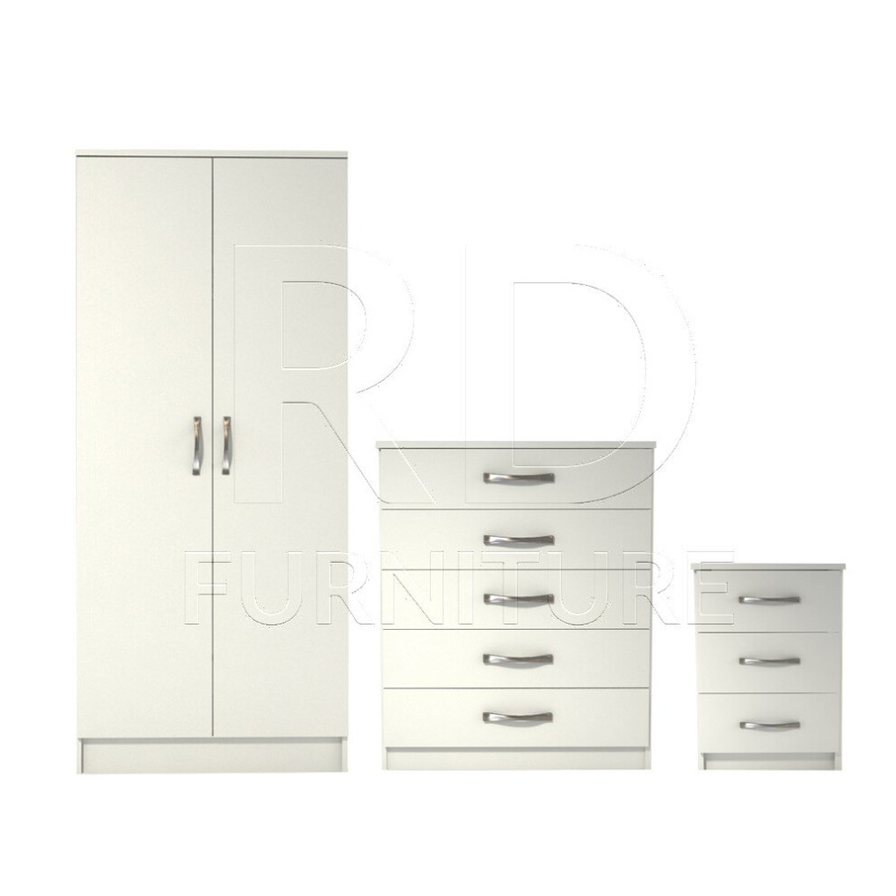 Ready assembled 3 Pcs Classic 2 Door Wardrobe, Chest And Bedside Set White