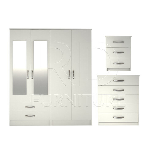 RD Furniture Ready assembled 3 Pcs Classic 4 Door 2 Drawer Mirrored Wardrobe, Chest And Bedside Set White