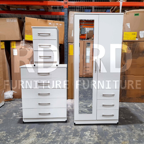 RD Furniture Ready assembled 3 Pcs Classic 2 Door Mirrored Combi Wardrobe, Chest And Bedside Set White 1
