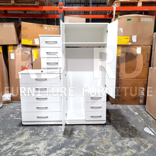 RD Furniture Ready assembled 3 Pcs Classic 2 Door Mirrored Combi Wardrobe, Chest And Bedside Set White 2