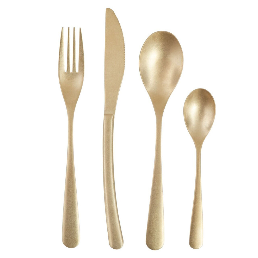 16Pc Cutlery Set, Elegant Matte Gold Cutlery Set, Modern Stainless Steel Cutlery Set with Curved Handles